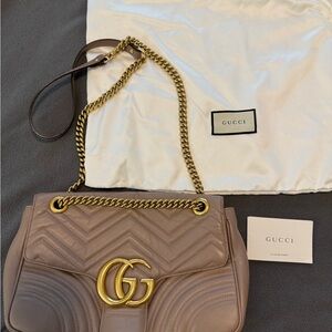Gucci GG Marmont Medium Chain Shoulder Bag Taupe Matelassé Leather Gold